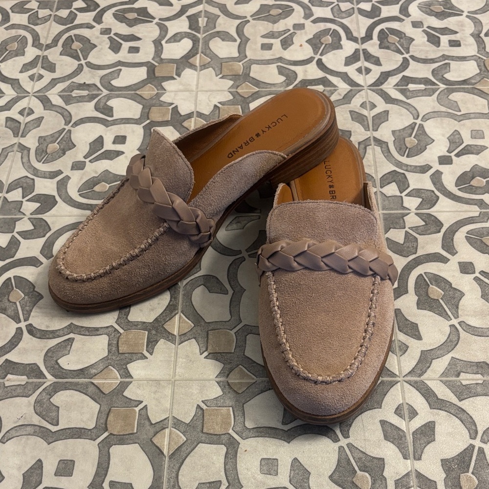 Lucky Brand | Panlin Leather Taupe Suede Braided Mule | Size 7